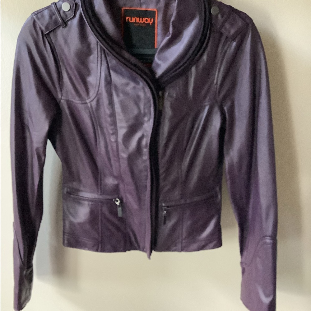 Runway New York purple leather jacket